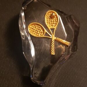 Gold Tone Tennis Racket Crystal Paperweight